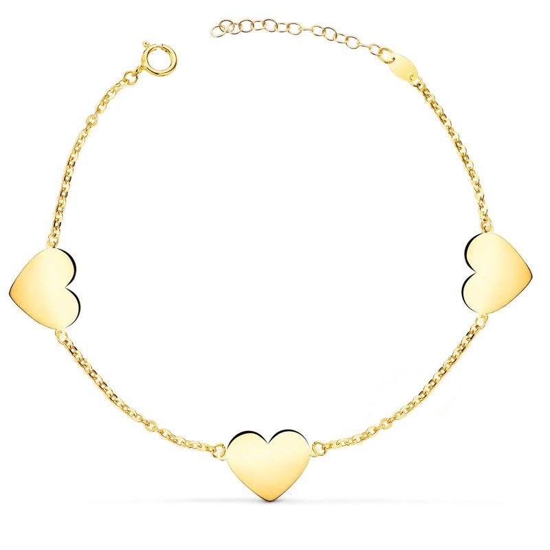 Pulsera Oro Amarillo Tres Corazones En Brillo 11X10 Mm. Largo: 18 2 Cm oro 18k