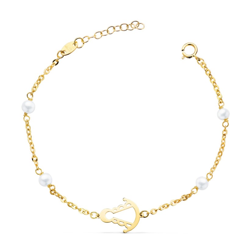 Pulsera Oro Amarillo Silueta Virgen Rocio 14X11 Mm Con Perlas. Largo: 17.5 Cm oro 18k