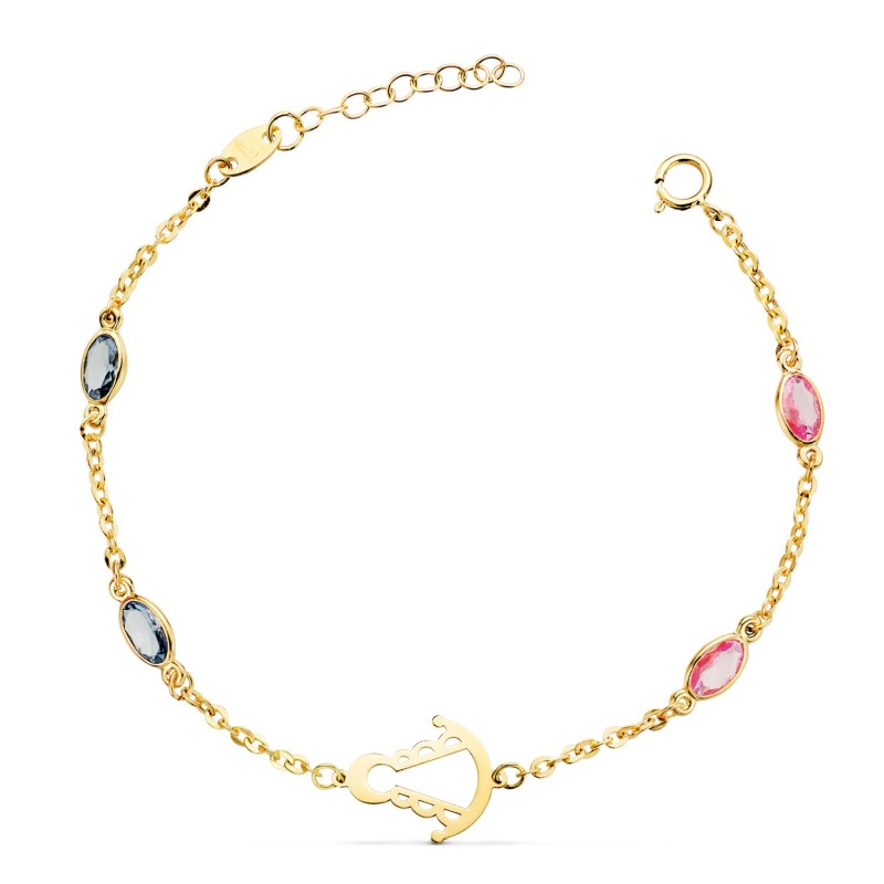 Pulsera Oro Amarillo Silueta Virgen Rocio 14X11 Mm Con Circonitas Rosas Y Azules. Largo: 15 3 Cm oro 18k