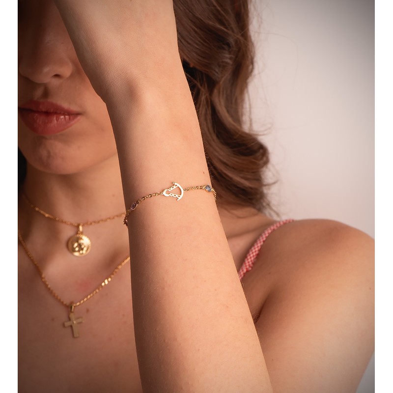Pulsera Oro Amarillo Silueta Virgen Rocio 14X11 Mm Con Circonitas Rosas Y Azules. Largo: 15 3 Cm oro 18k