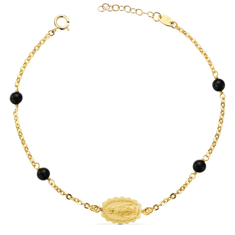 Pulsera Oro Amarillo Virgen Milagrosa 13X9 Mm Bolas Negras. Largo: 17 3 Cm oro 18k