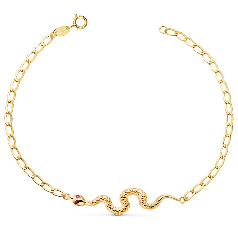 Pulsera Oro Amarillo Serpiente Ojos Rubi 40 Mm. Cadena Hueca. Largo: 19Cm oro 18k