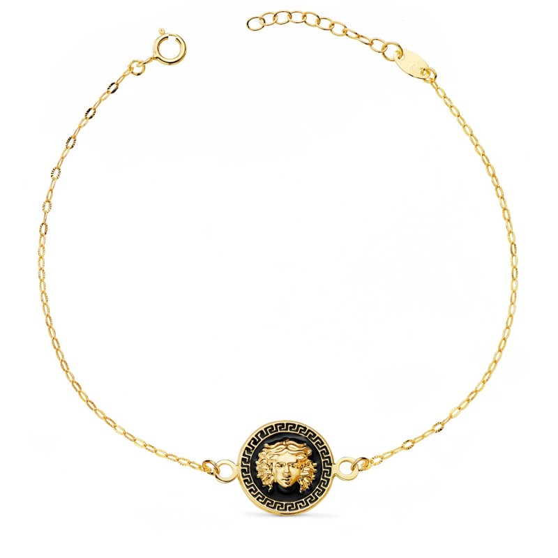 Pulsera Oro Amarillo Medusa Esmalte Negro 12Mm Cadena Tallada. Largo: 18-3 Cm oro 18k