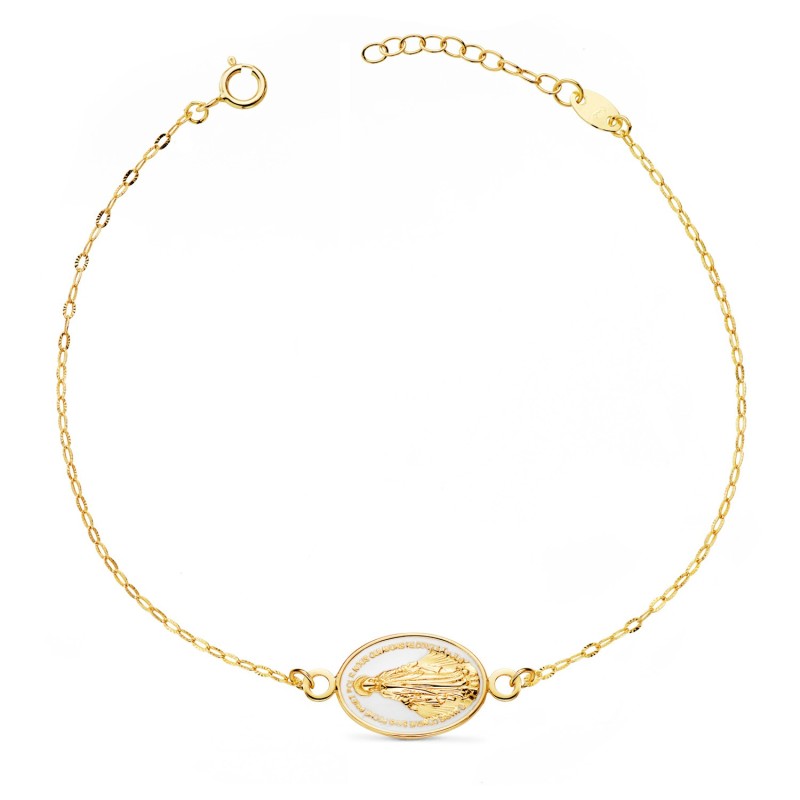 Pulsera Oro Amarillo Virgen Milagrosa Esmalte Blanco 13X10 Mm. Cadena Tallada: Largo: 17-3 Cm oro 18k