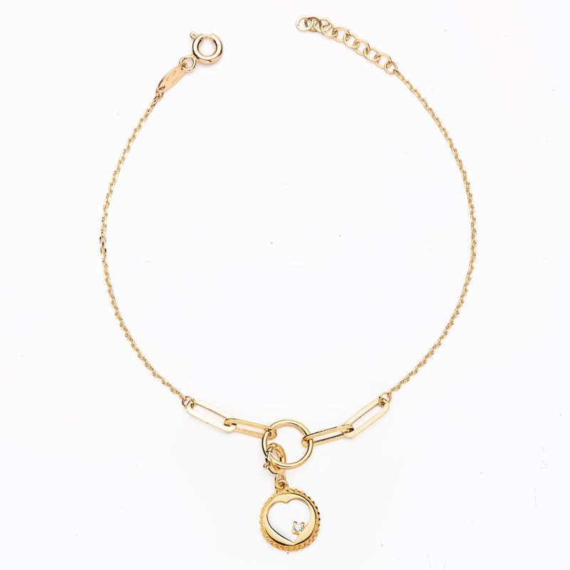 Pulsera Oro Amarillo Eslabon Y Cadena Forzada Motivo Corazon. Largo: 19Cm oro 18k