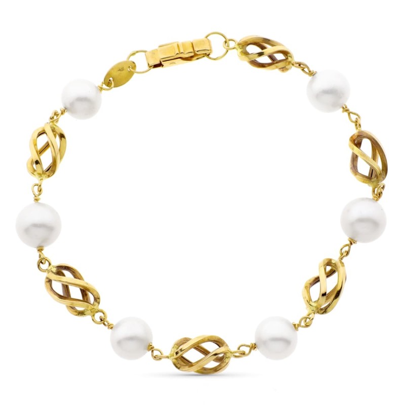 Pulsera Oro Amarillo Con Jaula Y Perla Culativadas 8 Mm oro 18k