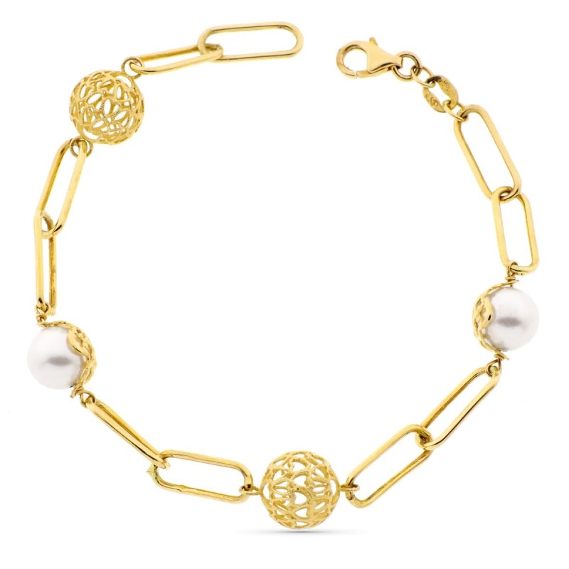Pulsera Oro Amarillo Perla Y Bolas Caladas Ancho 9 Mm Largo 19Cm oro 18k