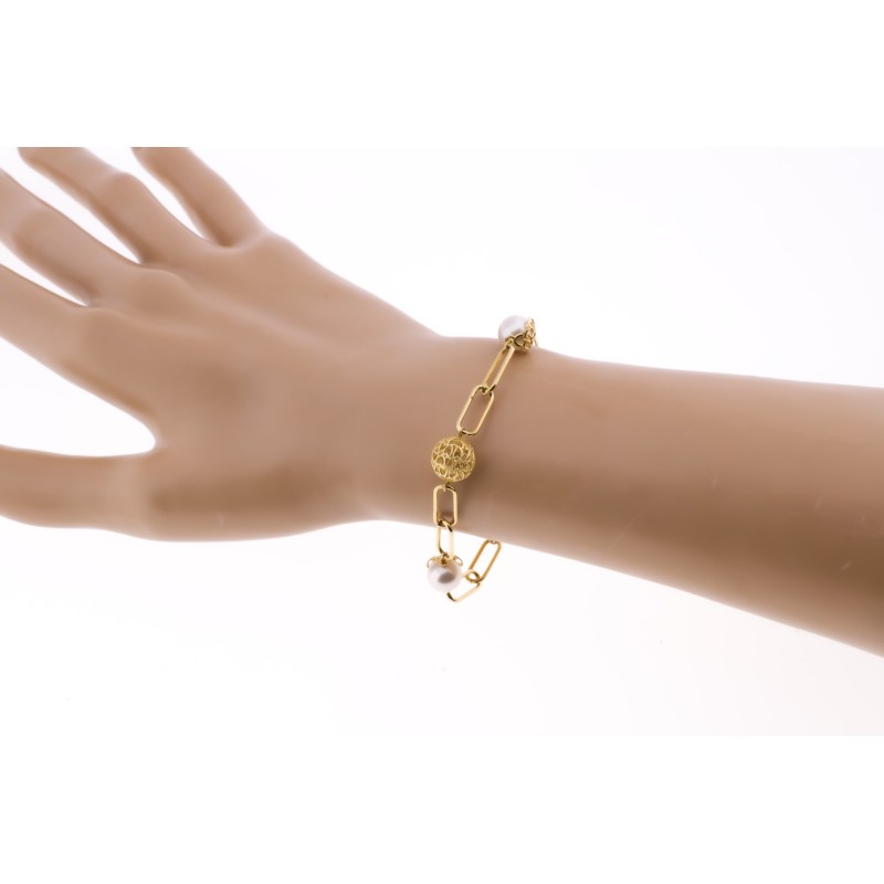 Pulsera Oro Amarillo Perla Y Bolas Caladas Ancho 9 Mm Largo 19Cm oro 18k