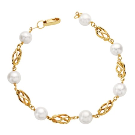 Pulsera Oro Amarillo Perla Redondas De 8 Mm Y Jaulas De Oro 19Cm oro 18k