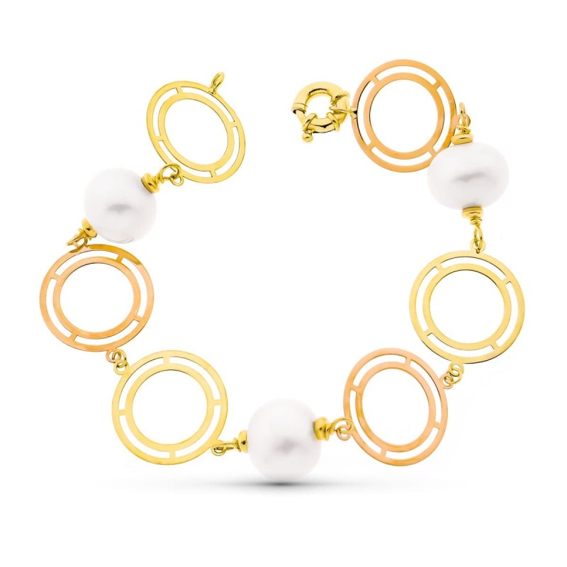 Pulsera Oro 21Cm Bicolor Oro Amarillo Y Rosa Y Perla Cultivadas 15 Mm oro 18k