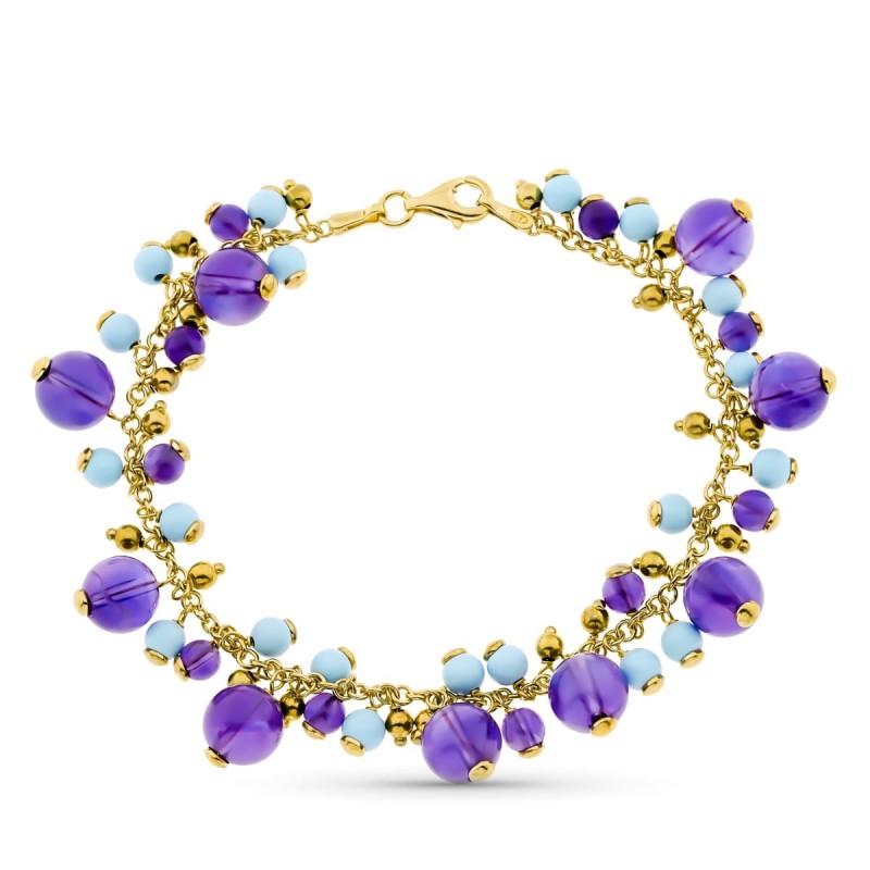 Pulsera Entrepiezas Oro Amarillo Turquesas Y Amatistas oro 18k