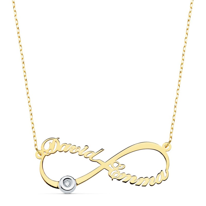 Gargantilla Oro Bicolor Infinito Personalizado 2 Nombres 35 Mm Diamante Cadena 44 2 Cm oro 18k