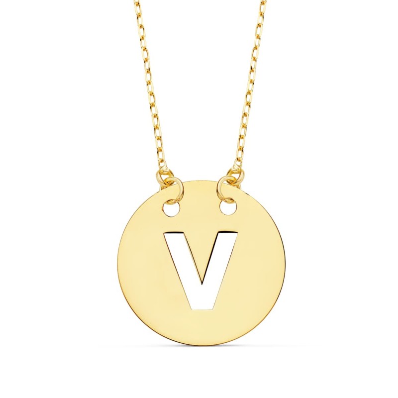 Colgante oro Amarillo Letra " V " 15 Mm Cadena Forzada 42Cm oro 18k