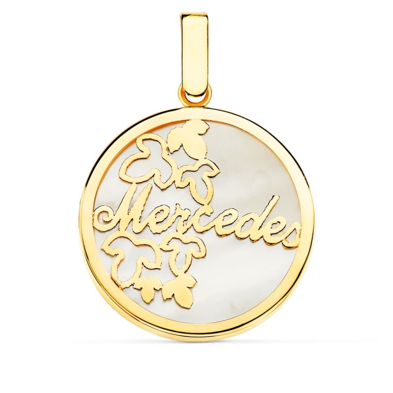 Colgante Oro Amarillo Con Nacar Personalizado Flores Y Nombre. 20 Mm oro 18k