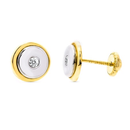 Pendientes Oro Bicolor Redondos 8 Mm Cierre Tuerca oro 18k