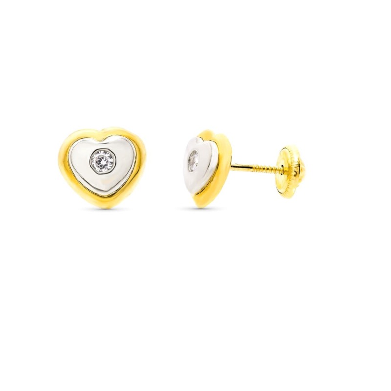 Pendientes Oro Bicolor Corazon 8X7 Mm Cierre Tuerca oro 18k