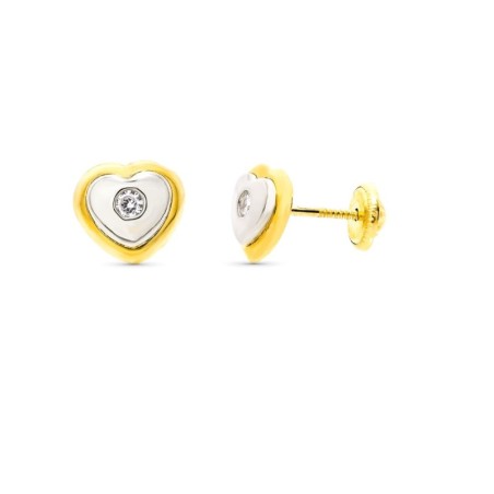 Pendientes Oro Bicolor Corazon 8X7 Mm Cierre Tuerca oro 18k