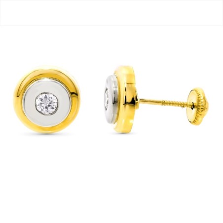 Pendientes Oro Bicolor Redondos 9 Mm Cierre Tuerca oro 18k