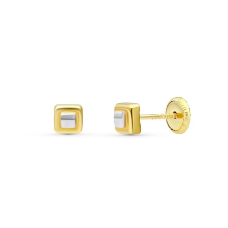 Pendientes Oro Bicolor Cuadrados 4X4 Mm oro 18k