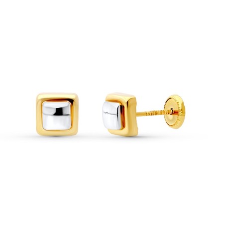 Pendientes Oro Bicolor Cuadrado 6X6 Mm. Cierre Tuerca oro 18k