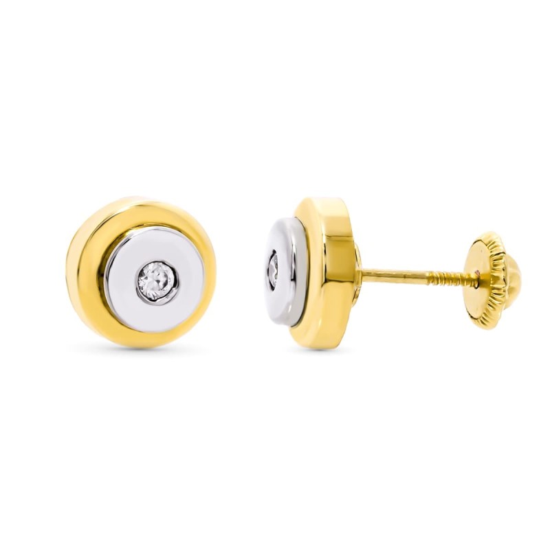 Pendientes Oro Bicolor Redondos Circonita 8 Mm Cierre Tuerca oro 18k