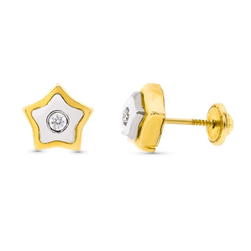 Pendientes Oro Bicolor Estrella 8X8 Mm Cierre Tuerca oro 18k