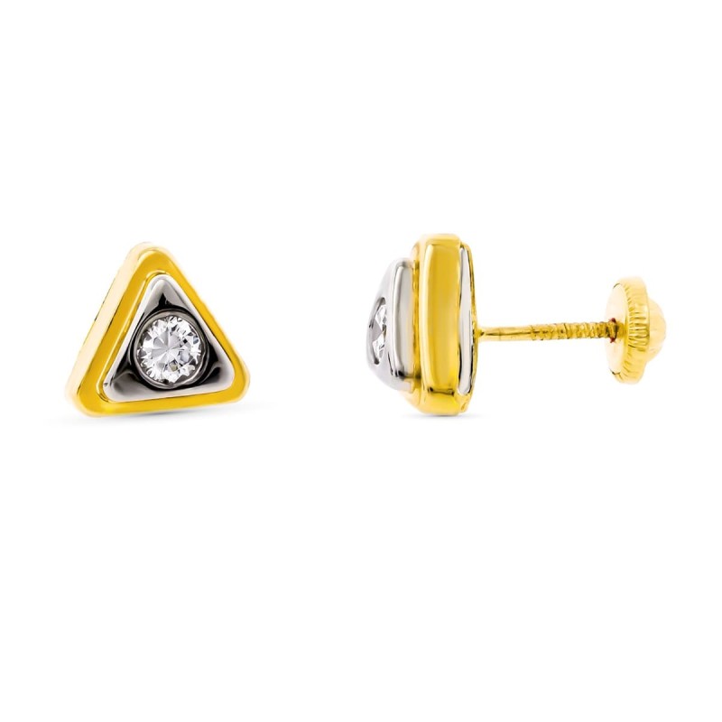 Pendientes Oro Bicolor Triangulo Con Circonita 8X8 Mm Cierre Tuerca oro 18k