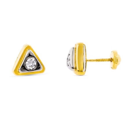 Pendientes Oro Bicolor Triangulo Con Circonita 8X8 Mm Cierre Tuerca oro 18k