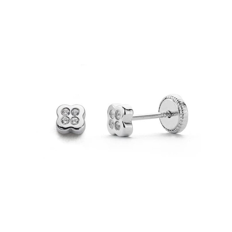 Pendientes Circonita Oro Blanco 4 Mm Cierre Tuerca oro 18k