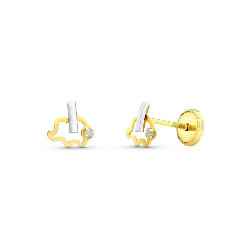 Pendientes Oro Bicolor Elefante 6X6 Mm Cierre Tuerca oro 18k