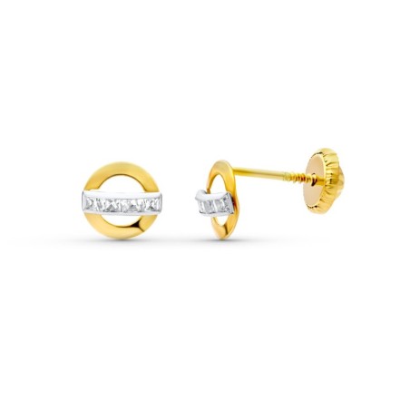 Pendientes Oro Bicolor Circonita 6 Mm. Cierre Tuerca oro 18k