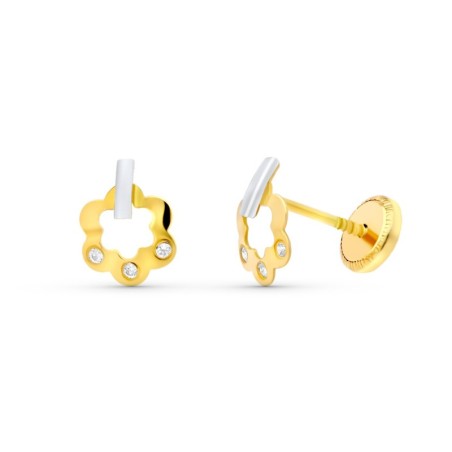 Pendientes Oro Bicolor Flor 8X6 Mm. Cierre Tuerca oro 18k