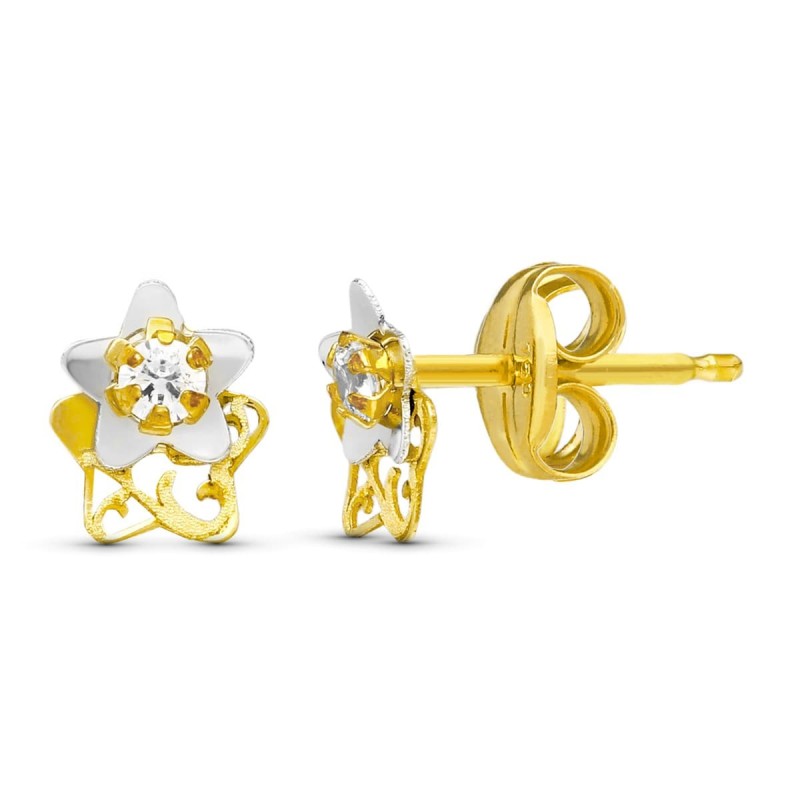 Pendientes Oro Bicolor Estrella 6X5 Mm Cierre Presion oro 18k