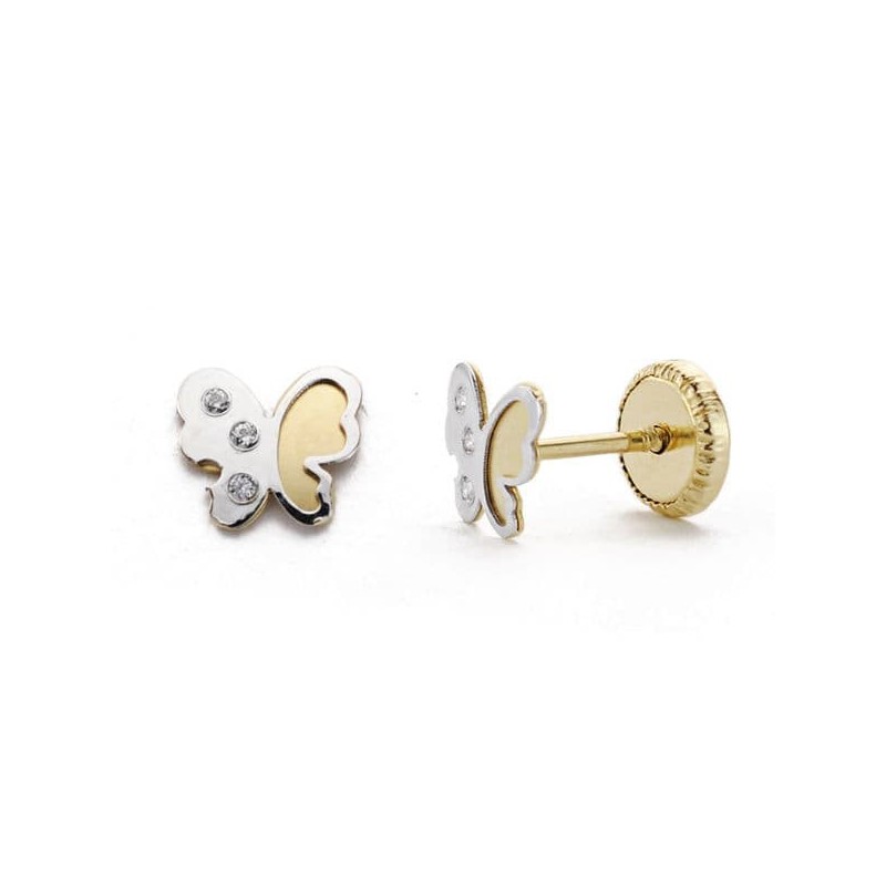 Pendientes Oro Bicolor Mariposa Circonita 5 Mm Cierre Tuerca oro 18k