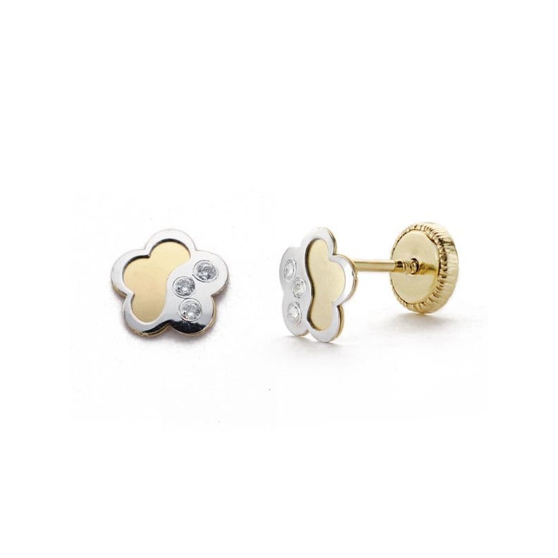 Pendientes Oro Bicolor Flor Circonita 6 Mm Cierre Tuerca oro 18k