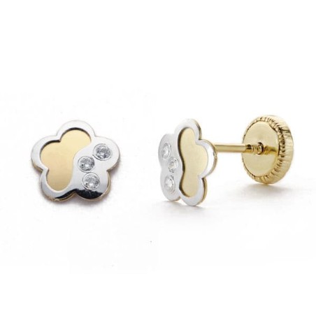 Pendientes Oro Bicolor Flor Circonita 6 Mm Cierre Tuerca oro 18k