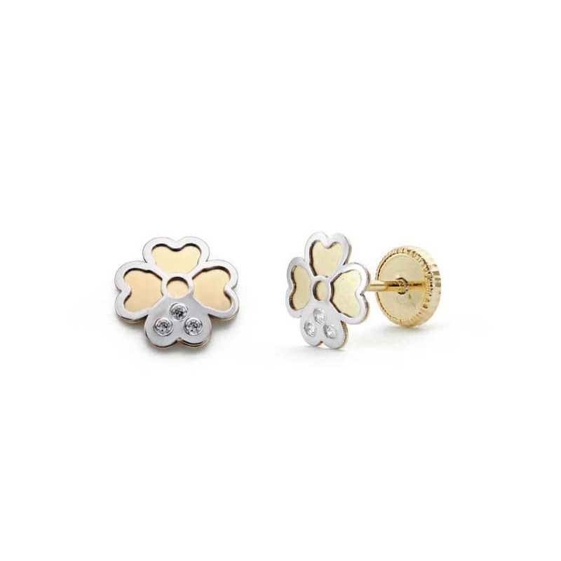 Pendientes Oro Bicolor Trebol. 6 Mm Cierre Tuerca oro 18k