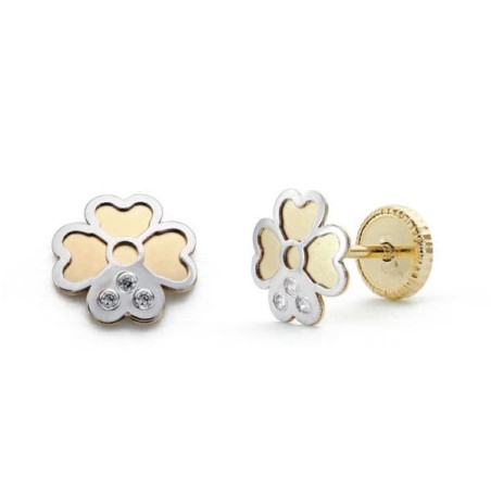 Pendientes Oro Bicolor Trebol. 6 Mm Cierre Tuerca oro 18k