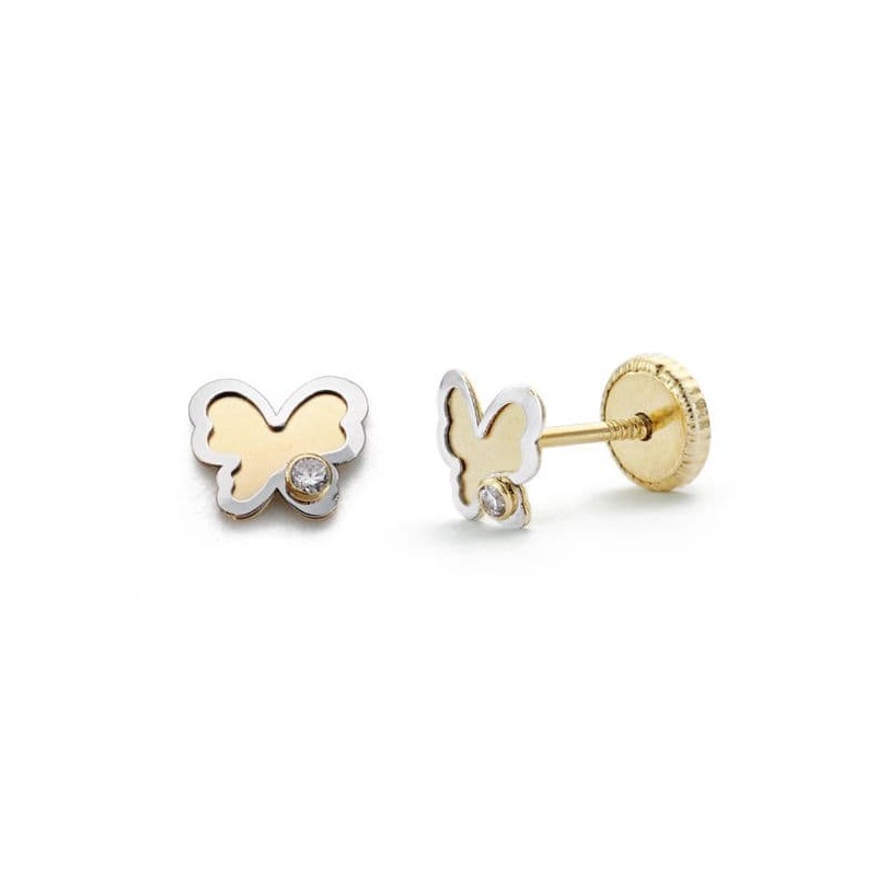 Pendientes Oro Bicolor Mariposa Circonita 5 Mm Cierre Tuerca oro 18k