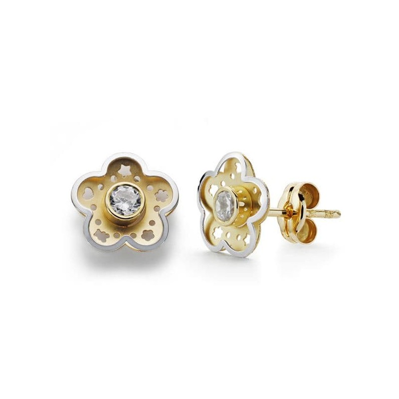 Pendientes Oro Bicolor Flor Circonita 8 Mm Cierre Presion oro 18k