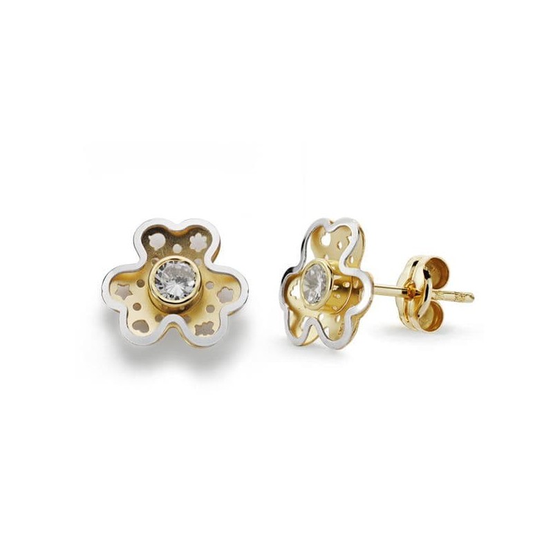 Pendientes Oro Bicolor Trebol Circonita 9X8 Mm Cierre Presion oro 18k