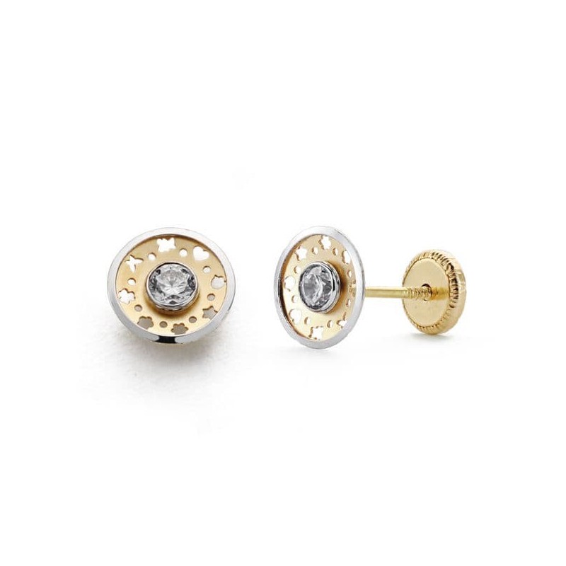 Pendientes Oro Bicolor 6.5 Mm Circonita Cierre Tuerca oro 18k