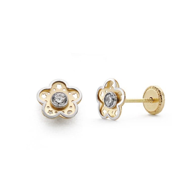 Pendientes Bicolor Flor Circonita 7 Mm Cierre Tuerca oro 18k