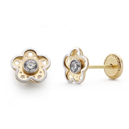 Pendientes Bicolor Flor Circonita 7 Mm Cierre Tuerca oro 18k