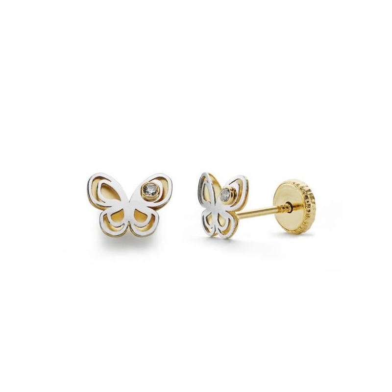 Pendientes Oro Bicolor Mariposa Circonita 5X6 Mm Cierre Tuerca oro 18k