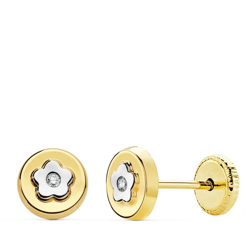 Pendientes Redondo Oro Bicolor 6 Mm Cierre Tuerca oro 18k