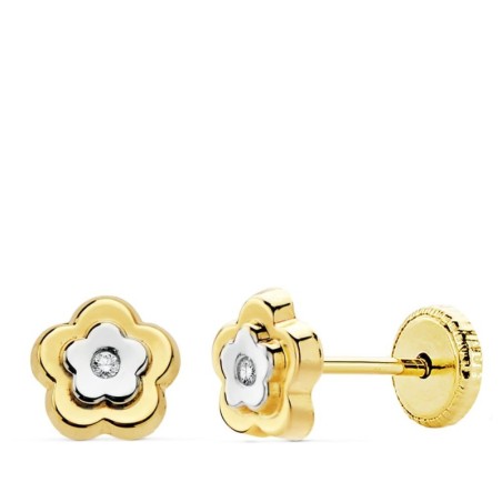 Pendientes Flor Oro Bicolor 6X6 Mm Cierre Tuerca oro 18k