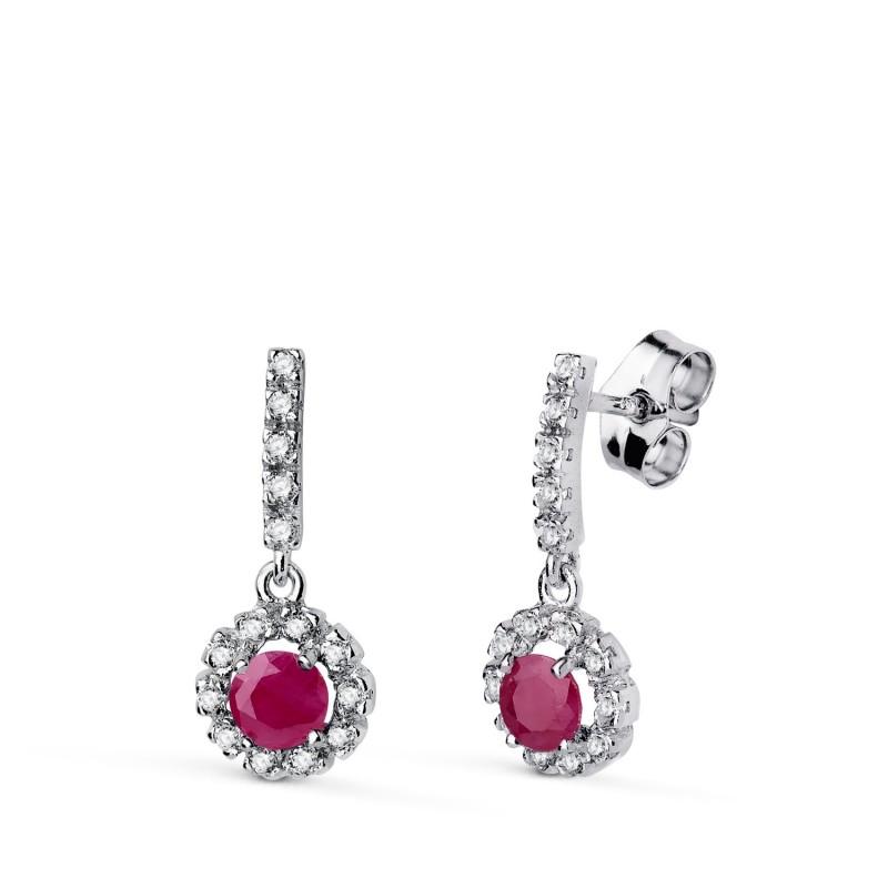 Pendientes Oro Blanco Rubi 4Mm - 0,56 Qtes Y Circonitas. 18 X 7,5 Mm. Cierre Presion oro 18k
