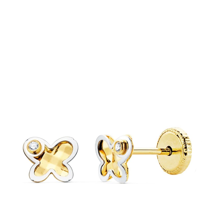 Pendientes Mariposa Oro Bicolor Circonita 5.5X4.5 Mm Cierrre Tuerca oro 18k