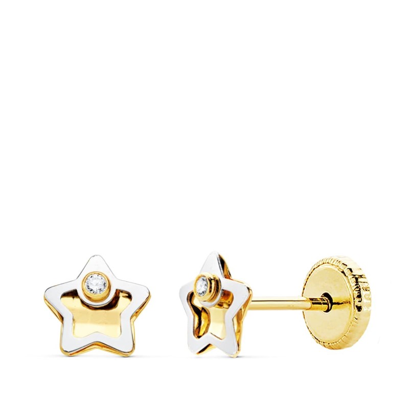 Pendientes Oro Bicolor Estrella Circonita 5X5 Mm Cierre Tuerca oro 18k